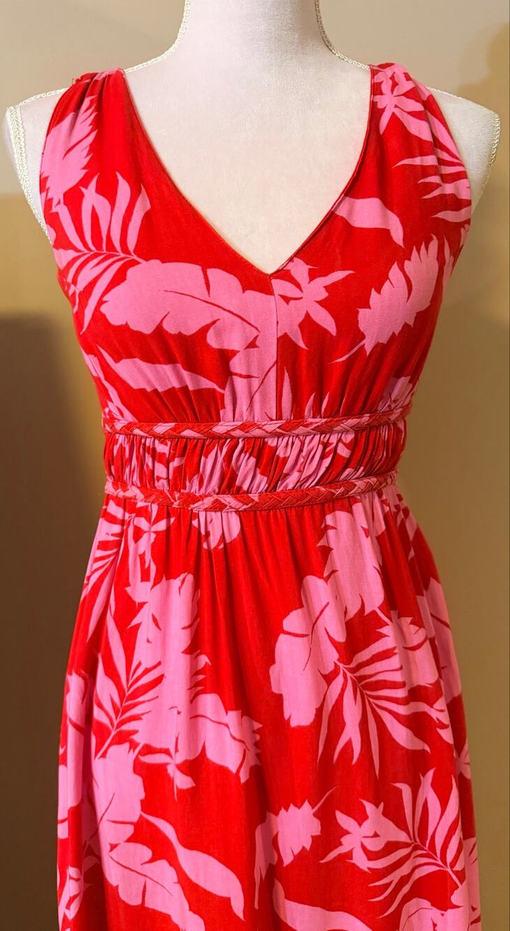 Jajah A Red Pink Tropical Leaf Print Racerback Maxi Dress Size Small 100% Rayon